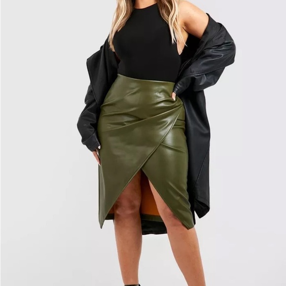 New FAUX LEATHER RUCHED WRAP MIDI SKIRT - Picture 1 of 8